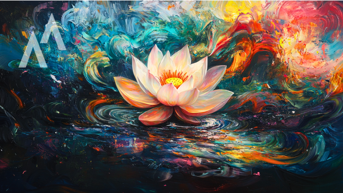 Vibrant lotus flower surrounded by swirling colorful abstract art, symbolizing finding beauty and tranquility amidst chaos.