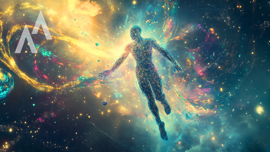 A surreal, glowing blueprint floating in a galaxy of ideas and concepts, intricate lines and symbols intertwining to form a human figure breaking free from chains.